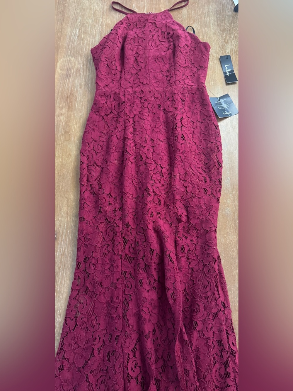 Lulu's Burgundy Floral Lace Halter Style Dress